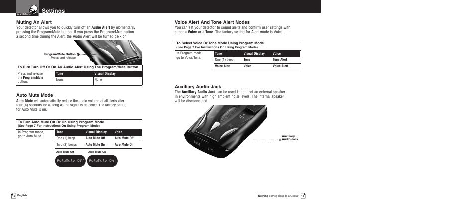 Settings, Auxiliary audio jack, Muting an alert | Auto mute mode, Voice alert and tone alert modes | Cobra Electronics XRS 9700 User Manual | Page 9 / 22