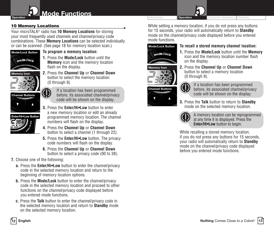 Mode functions | Cobra Electronics PR3850WXC User Manual | Page 10 / 16