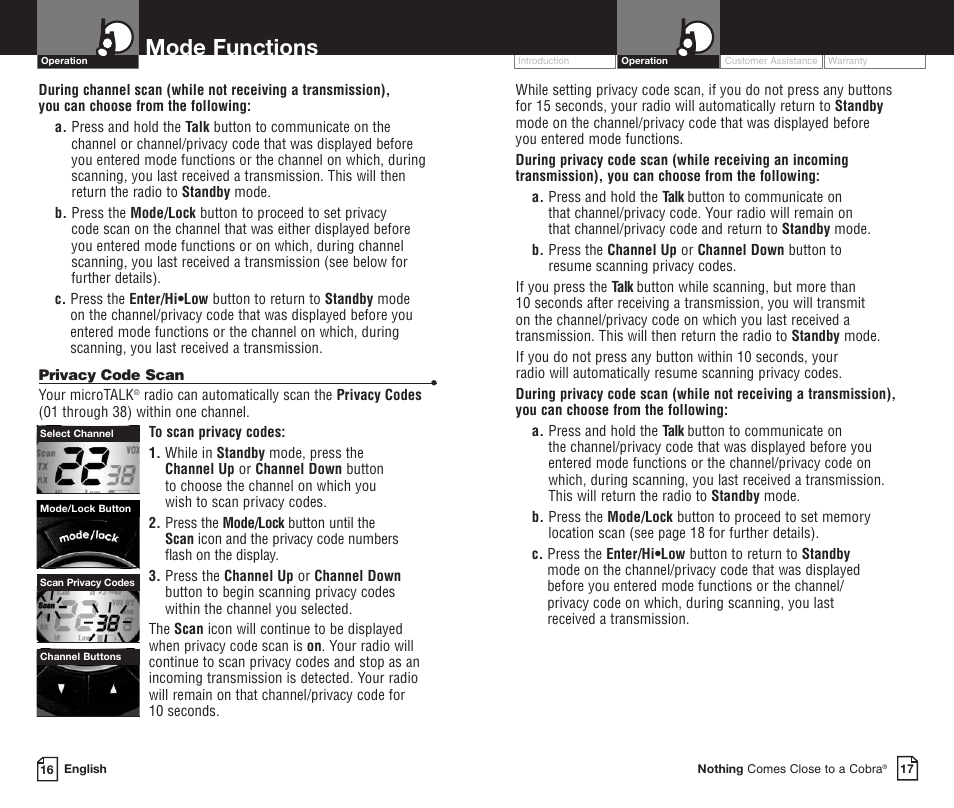 Mode functions | Cobra Electronics PR3850WXC User Manual | Page 12 / 16