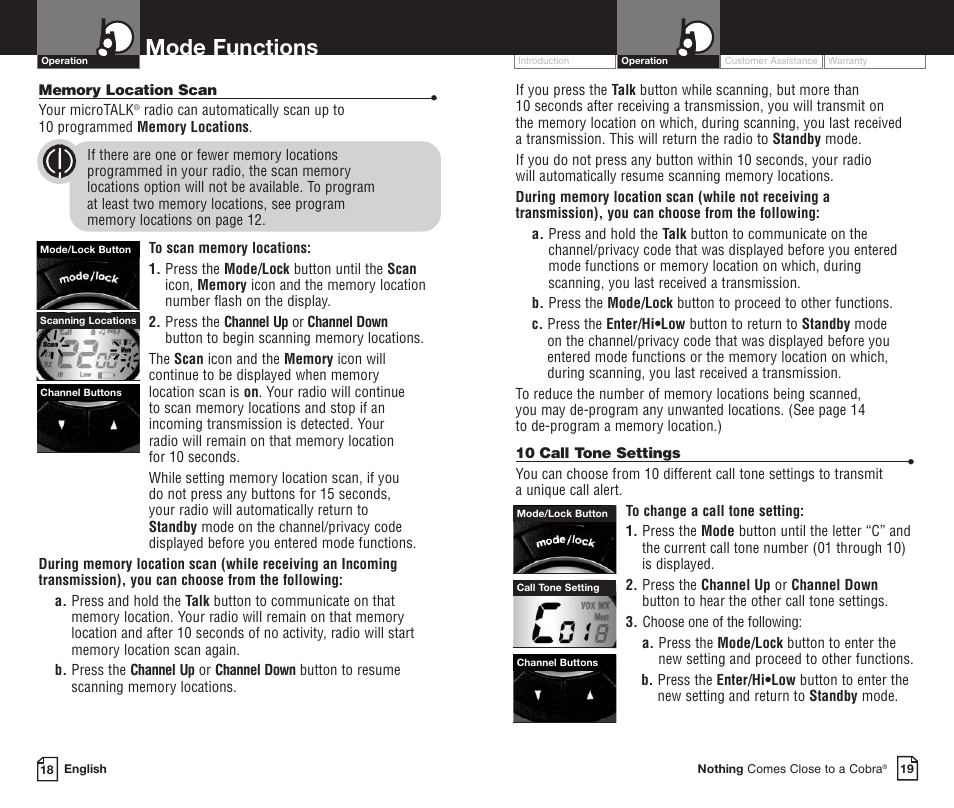 Mode functions | Cobra Electronics PR3850WXC User Manual | Page 13 / 16