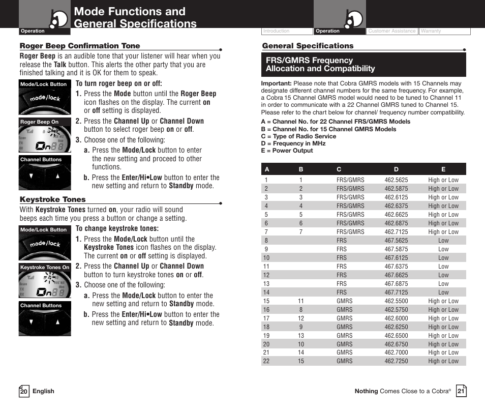 Mode functions and general specifications, Frs/gmrs frequency allocation and compatibility | Cobra Electronics PR3850WXC User Manual | Page 14 / 16
