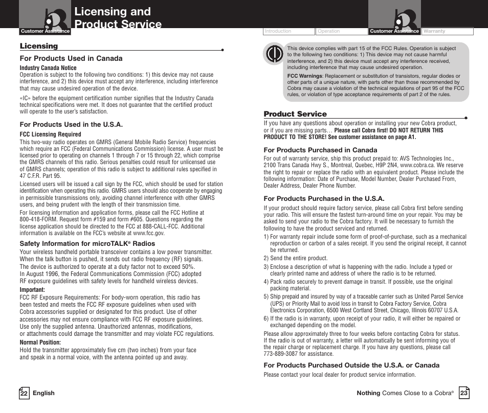 Licensing and product service | Cobra Electronics PR3850WXC User Manual | Page 15 / 16