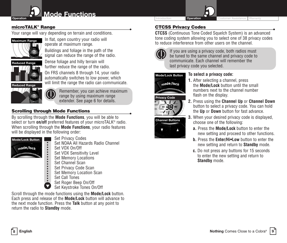 Mode functions | Cobra Electronics PR3850WXC User Manual | Page 8 / 16