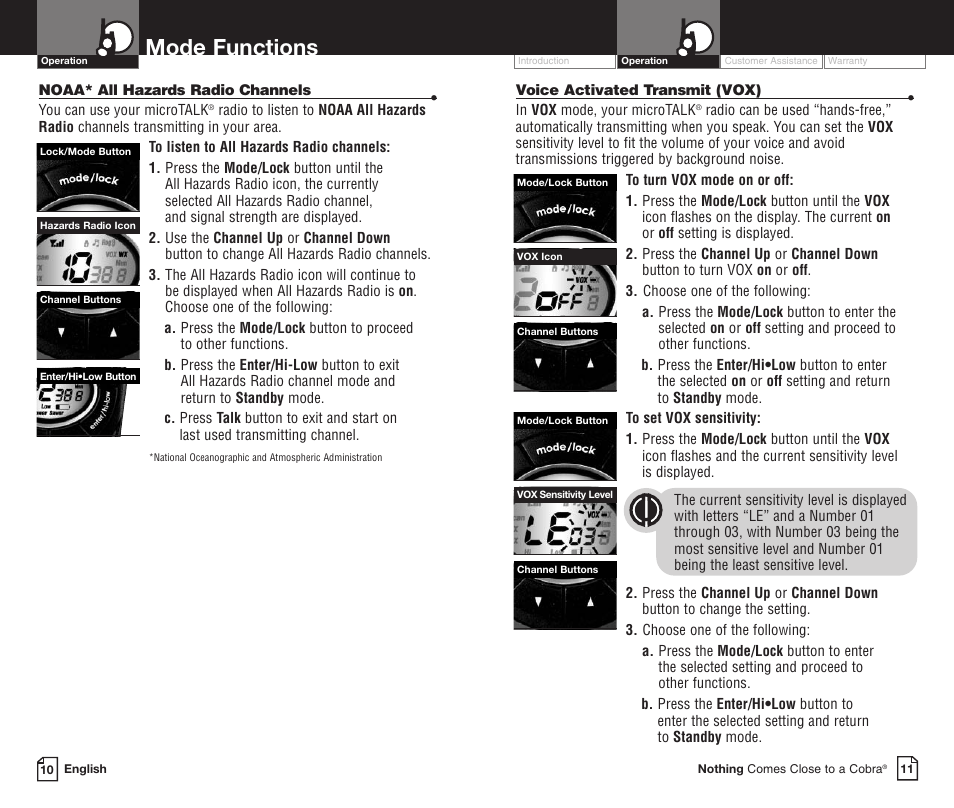 Mode functions | Cobra Electronics PR3850WXC User Manual | Page 9 / 16
