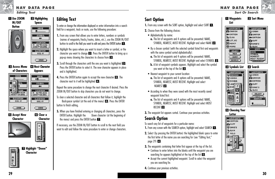 Editing text sort or search, Editing text, Sort option | Search option | Cobra Electronics GPS 100 User Manual | Page 18 / 28
