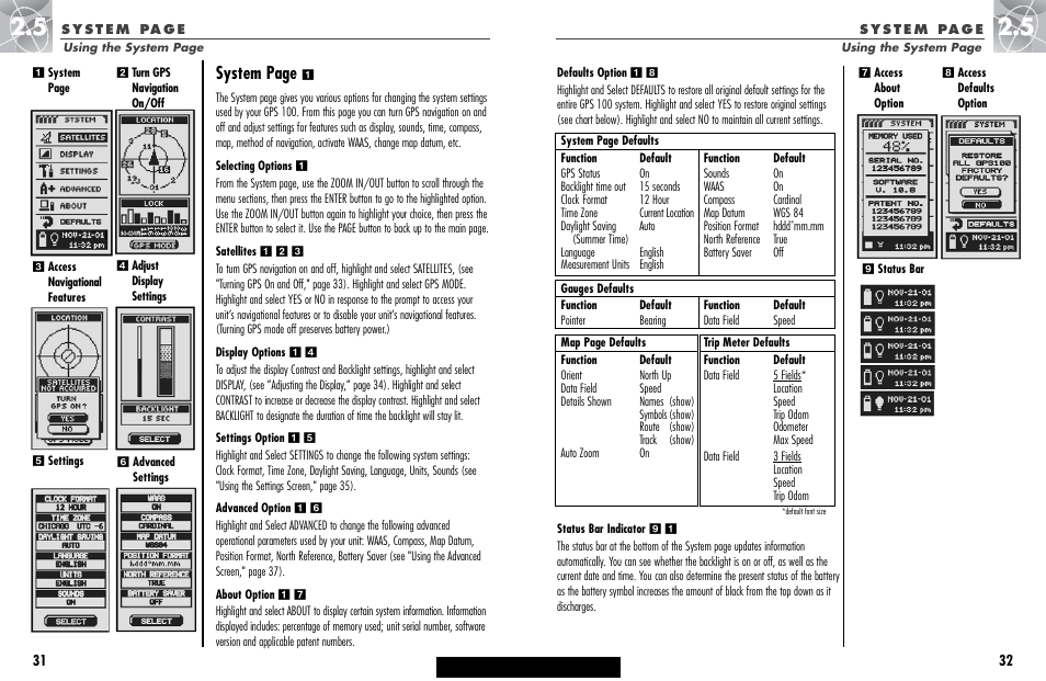 System page | Cobra Electronics GPS 100 User Manual | Page 19 / 28