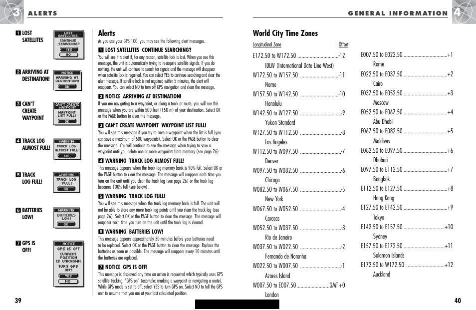 Alert gps general information –42, World city time zones, Alerts | Cobra Electronics GPS 100 User Manual | Page 23 / 28