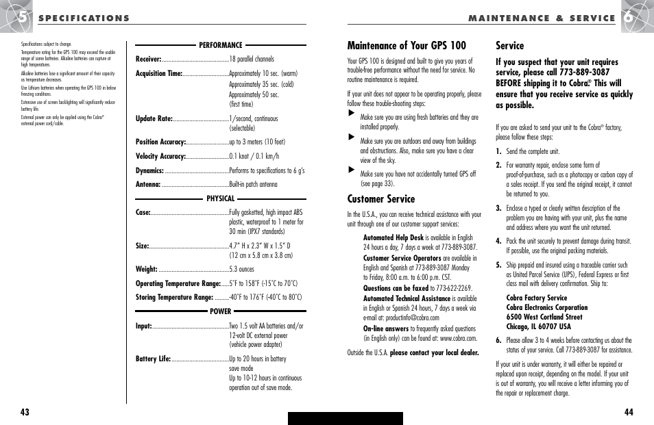 Specifications maintenance and service, Maintenance of your gps 100, Customer service | Service | Cobra Electronics GPS 100 User Manual | Page 25 / 28