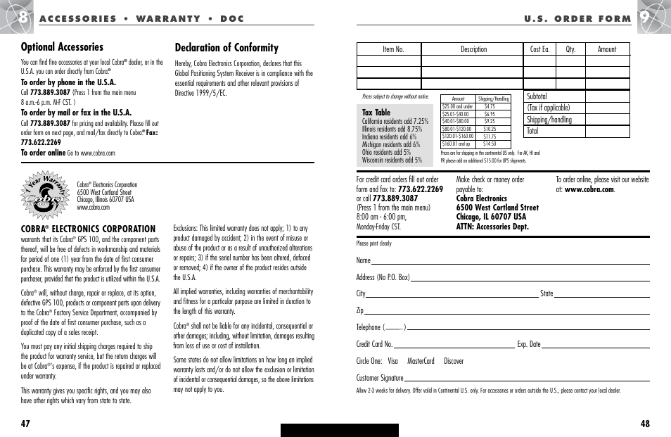 Optional accessories, Declaration of conformity | Cobra Electronics GPS 100 User Manual | Page 27 / 28