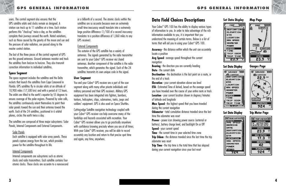Data field choices descriptions, Go to table of contents | Cobra Electronics GPS 100 User Manual | Page 5 / 28