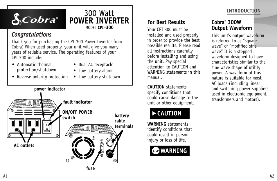 300 watt power inverter, Caution warning, For best results | Cobra, 300w output waveform | Cobra Electronics CPI 300 User Manual | Page 2 / 10