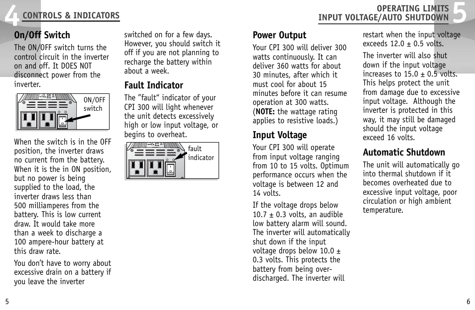 On/off switch, Fault indicator, Power output | Input voltage, Automatic shutdown | Cobra Electronics CPI 300 User Manual | Page 6 / 10