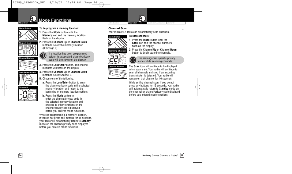 Mode functions | Cobra Electronics MICROTALK LI 5600DX User Manual | Page 11 / 17