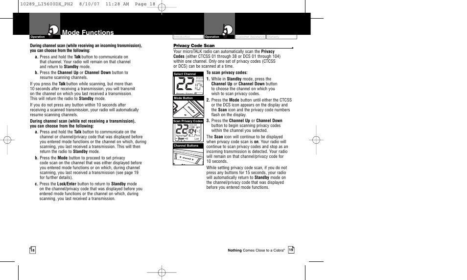 Mode functions | Cobra Electronics MICROTALK LI 5600DX User Manual | Page 12 / 17