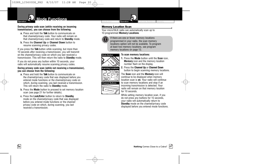 Mode functions | Cobra Electronics MICROTALK LI 5600DX User Manual | Page 13 / 17