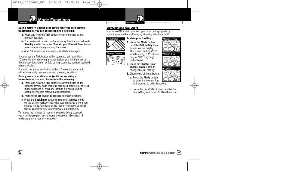 Mode functions | Cobra Electronics MICROTALK LI 5600DX User Manual | Page 14 / 17