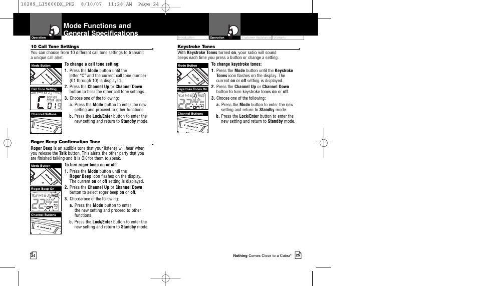Mode functions and general specifications | Cobra Electronics MICROTALK LI 5600DX User Manual | Page 15 / 17