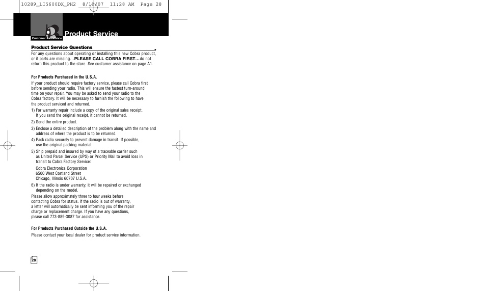 Product service | Cobra Electronics MICROTALK LI 5600DX User Manual | Page 17 / 17