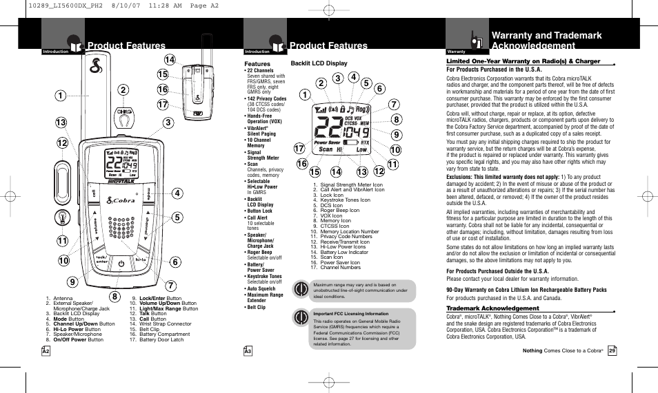 Product features, Warranty and trademark acknowledgement | Cobra Electronics MICROTALK LI 5600DX User Manual | Page 2 / 17