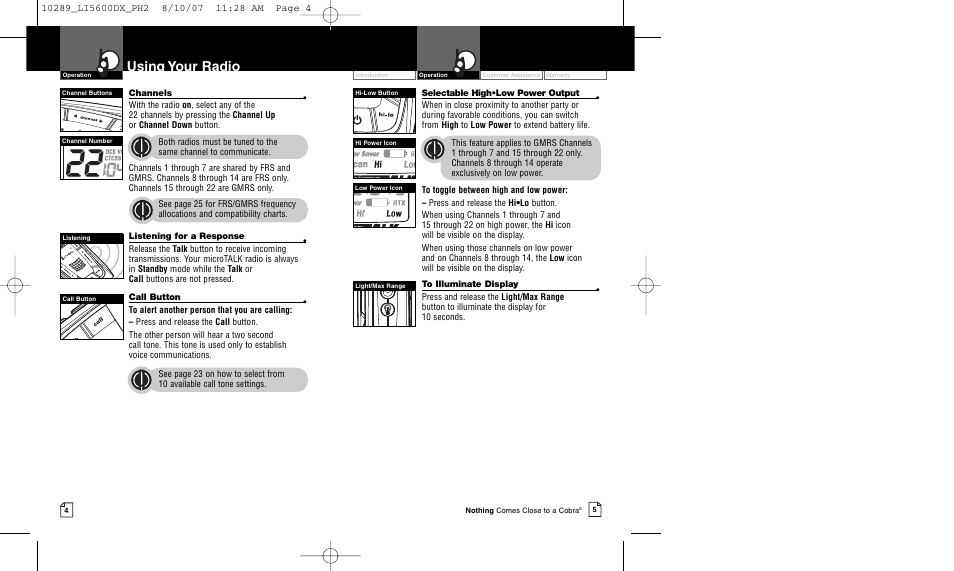 Using your radio | Cobra Electronics MICROTALK LI 5600DX User Manual | Page 5 / 17