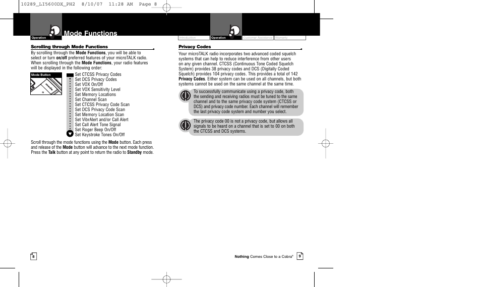 Mode functions | Cobra Electronics MICROTALK LI 5600DX User Manual | Page 7 / 17