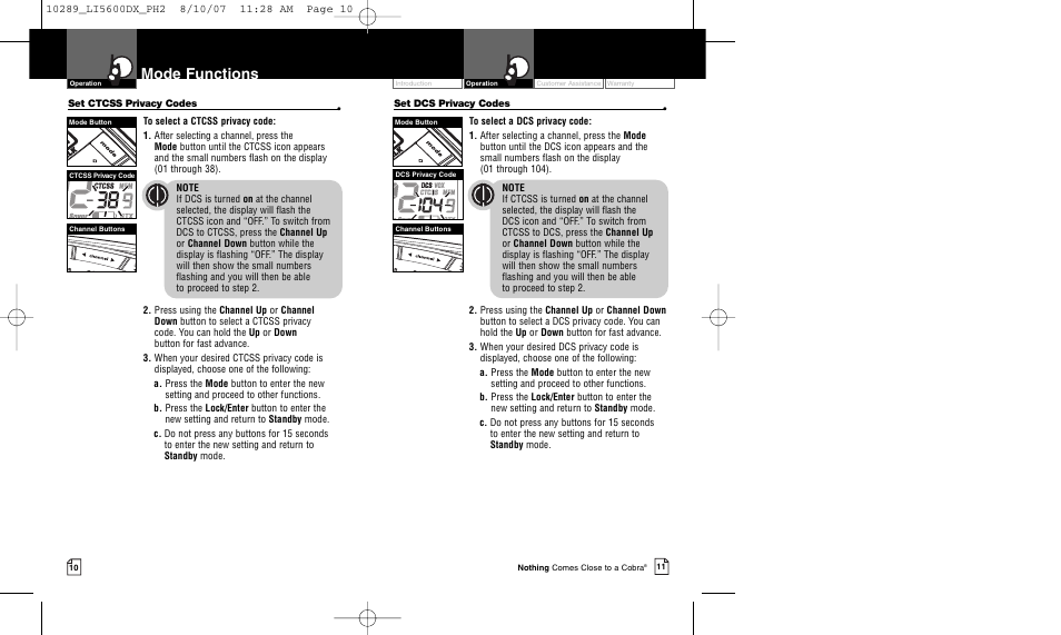 Mode functions | Cobra Electronics MICROTALK LI 5600DX User Manual | Page 8 / 17