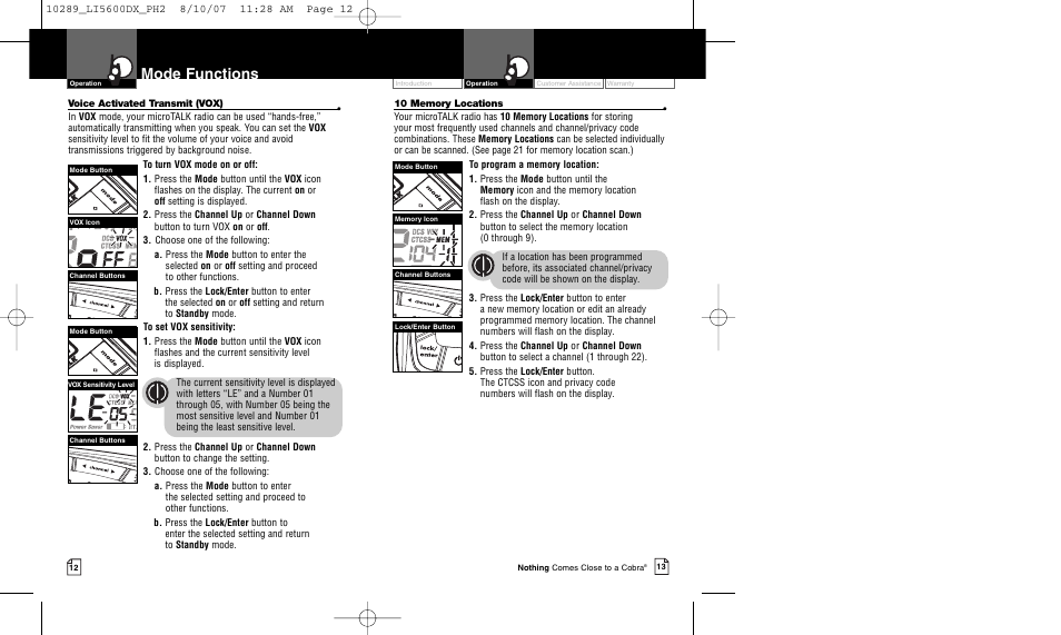 Mode functions | Cobra Electronics MICROTALK LI 5600DX User Manual | Page 9 / 17