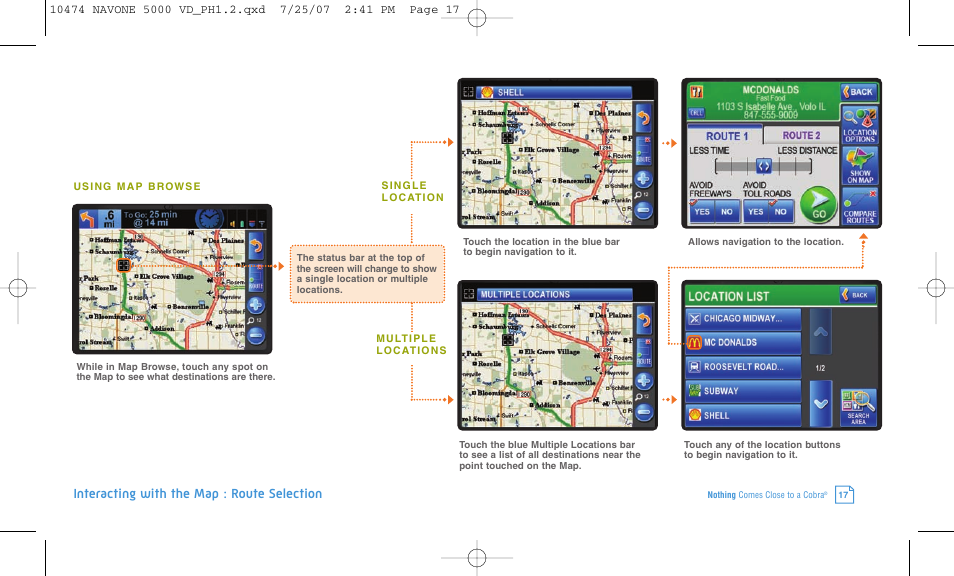Interacting with the map : route selection | Cobra Electronics NAVONE 5000 User Manual | Page 17 / 32