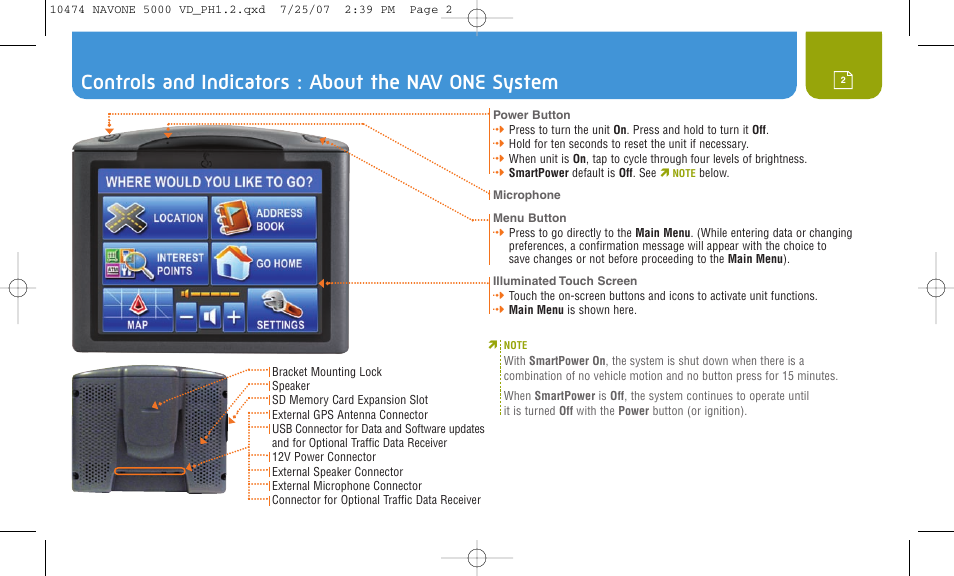 Controls and indicators : about the nav one system | Cobra Electronics NAVONE 5000 User Manual | Page 2 / 32