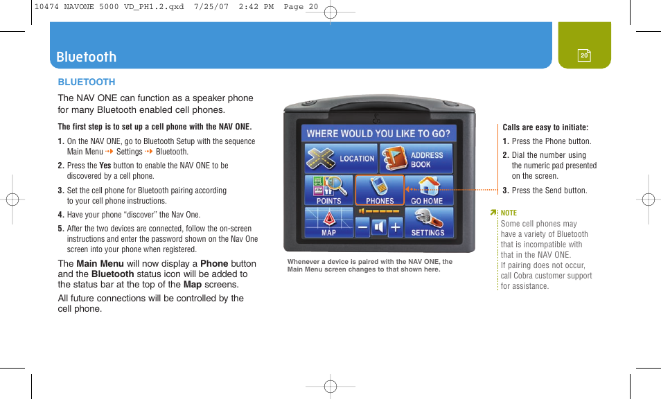 Bluetooth | Cobra Electronics NAVONE 5000 User Manual | Page 20 / 32