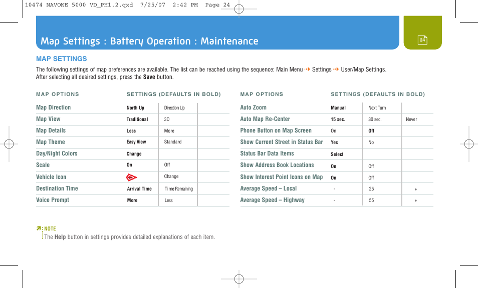 Map settings : battery operation : maintenance | Cobra Electronics NAVONE 5000 User Manual | Page 24 / 32