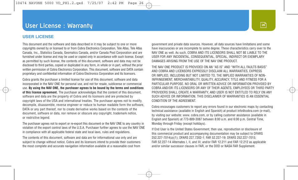 User license : warranty, User license | Cobra Electronics NAVONE 5000 User Manual | Page 26 / 32