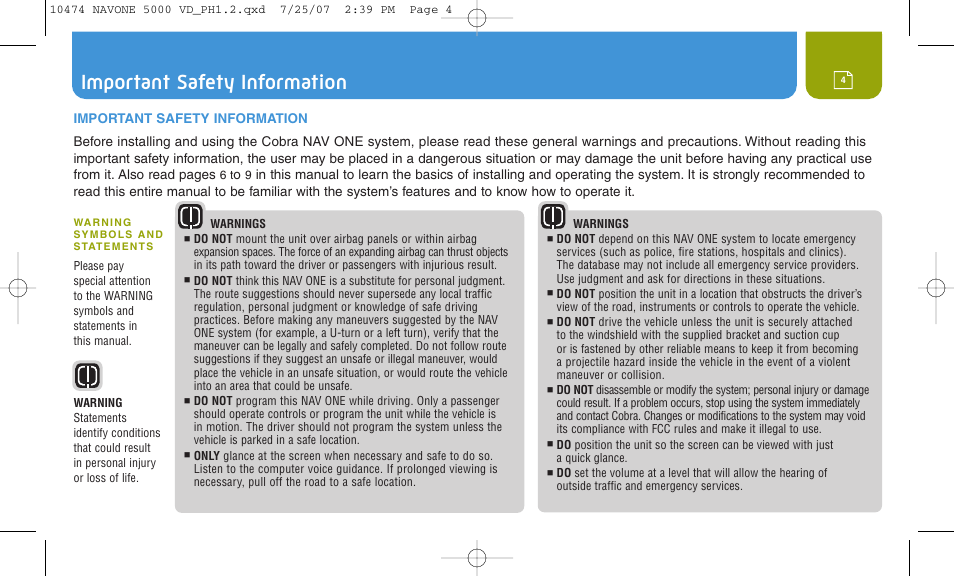 Important safety information | Cobra Electronics NAVONE 5000 User Manual | Page 4 / 32