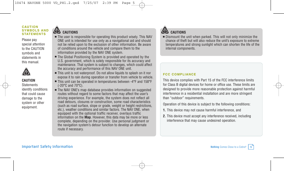 Important safety information | Cobra Electronics NAVONE 5000 User Manual | Page 5 / 32