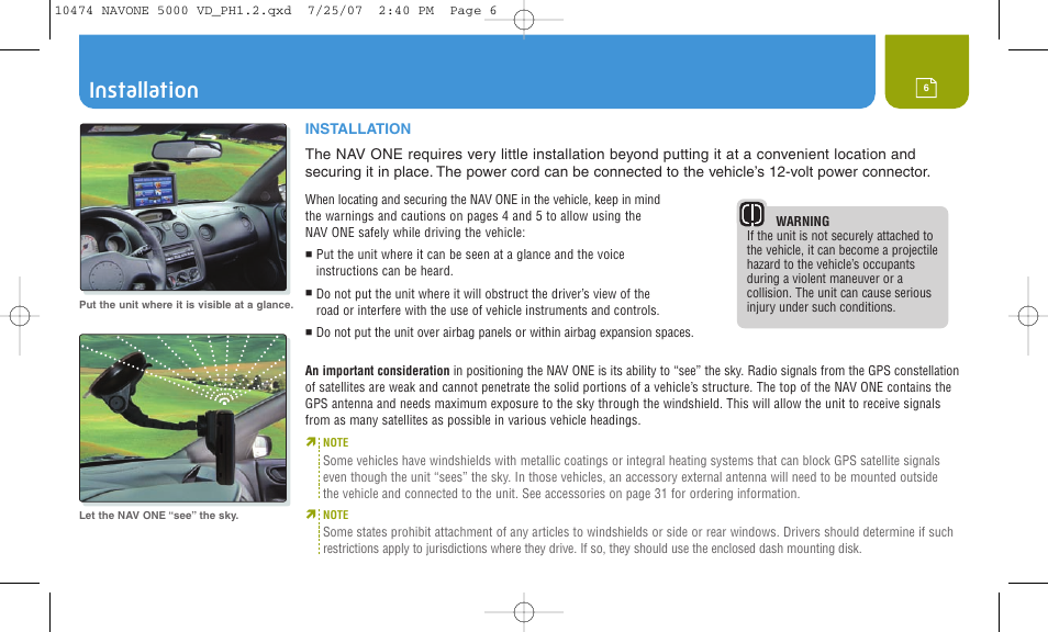 Installation | Cobra Electronics NAVONE 5000 User Manual | Page 6 / 32