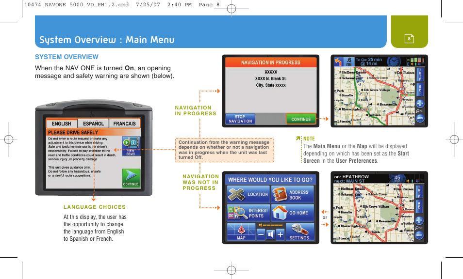 System overview : main menu | Cobra Electronics NAVONE 5000 User Manual | Page 8 / 32