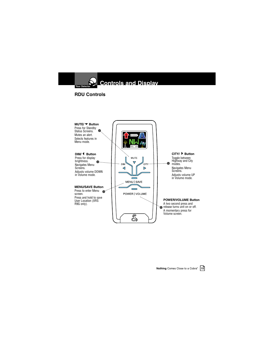 Controls and display, Rdu controls | Cobra Electronics INTELLILINK XRS R9G User Manual | Page 19 / 49