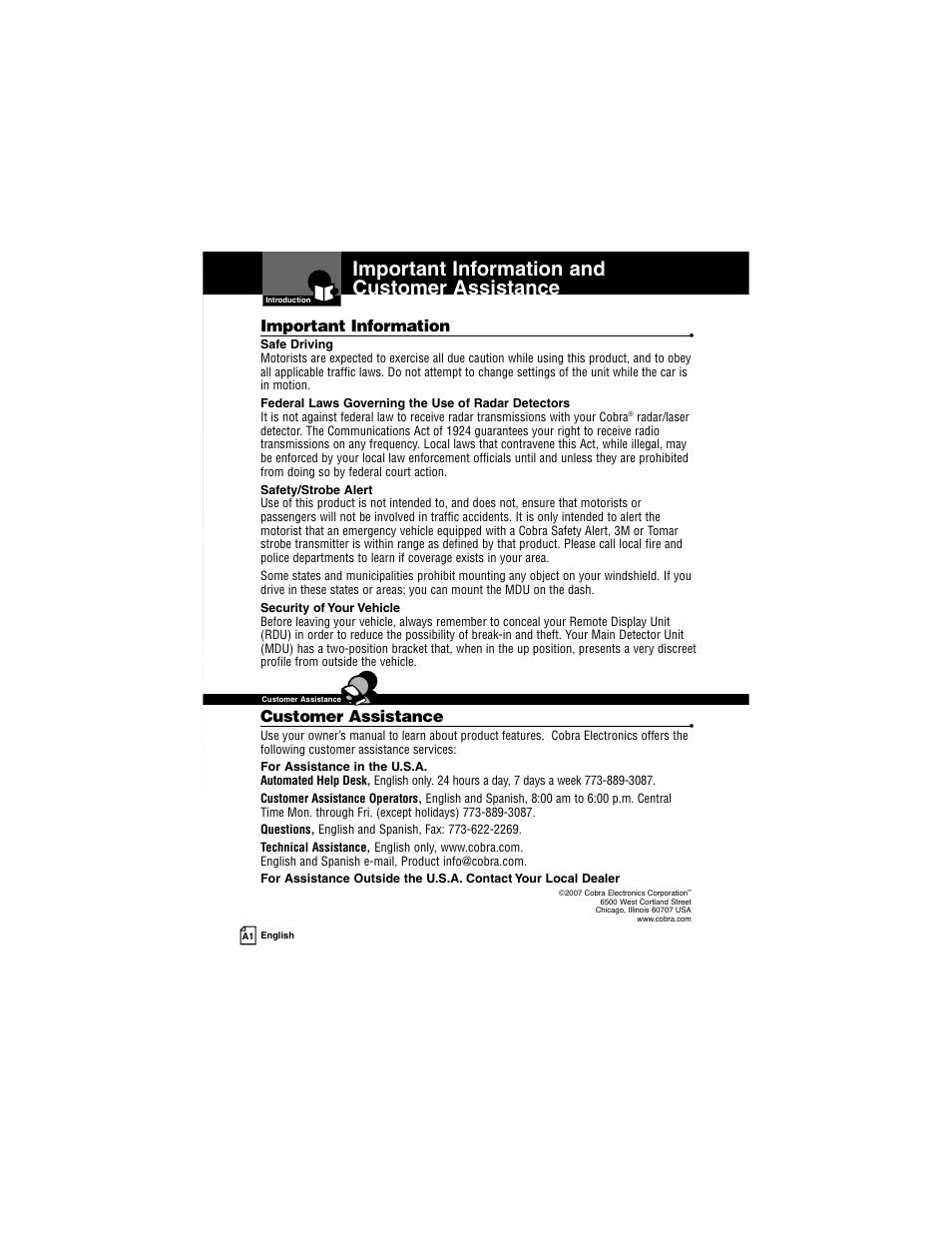 Important information and customer assistance, Important information, Customer assistance | Cobra Electronics INTELLILINK XRS R9G User Manual | Page 2 / 49