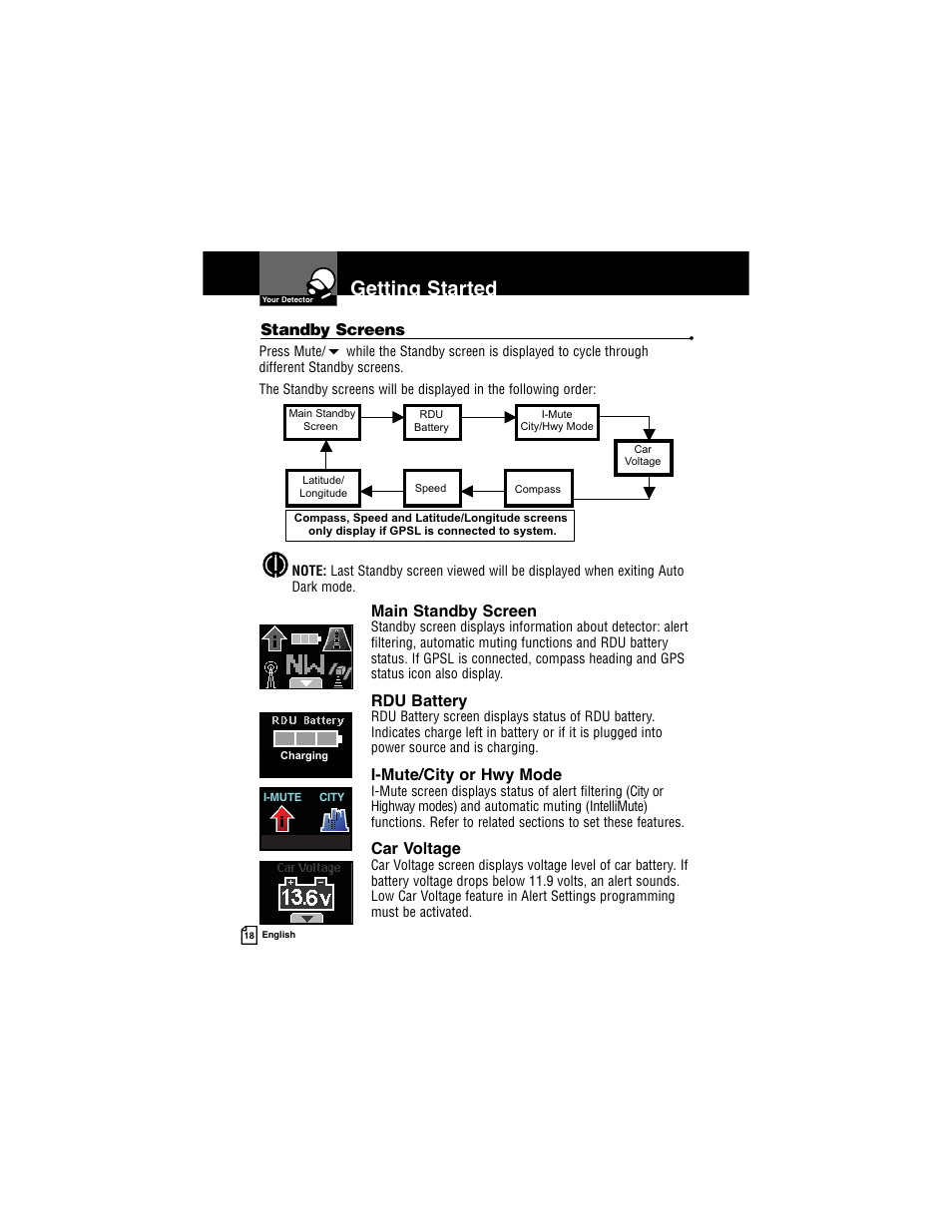 Getting started, Main standby screen, Rdu battery | I-mute/city or hwy mode, Car voltage, Standby screens | Cobra Electronics INTELLILINK XRS R9G User Manual | Page 22 / 49