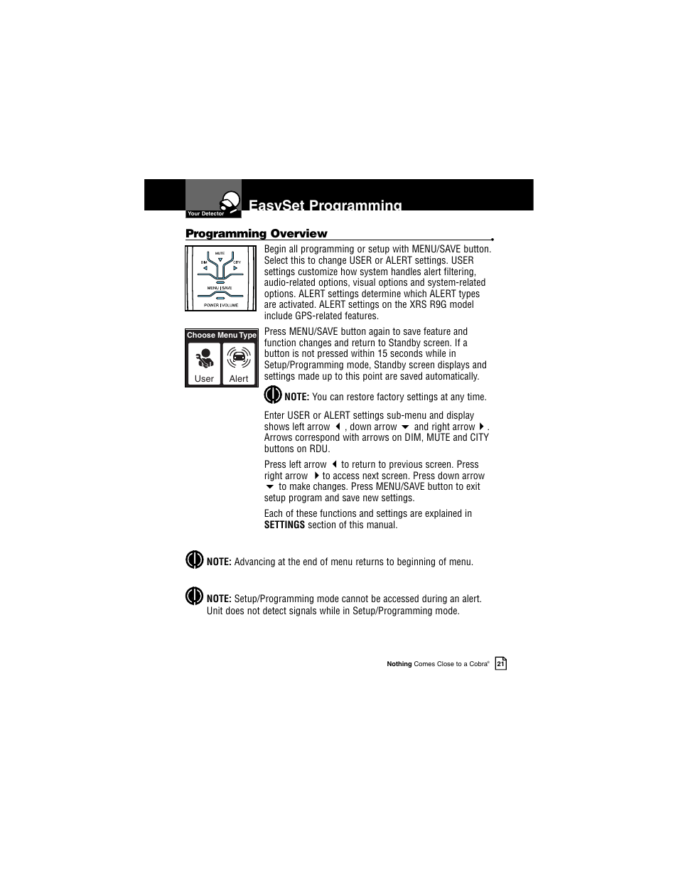 Easyset programming | Cobra Electronics INTELLILINK XRS R9G User Manual | Page 25 / 49