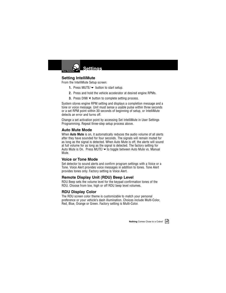 Settings | Cobra Electronics INTELLILINK XRS R9G User Manual | Page 29 / 49