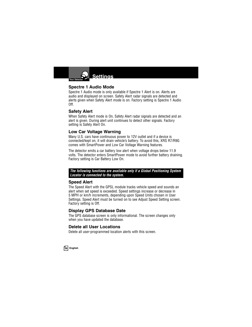 Settings | Cobra Electronics INTELLILINK XRS R9G User Manual | Page 32 / 49