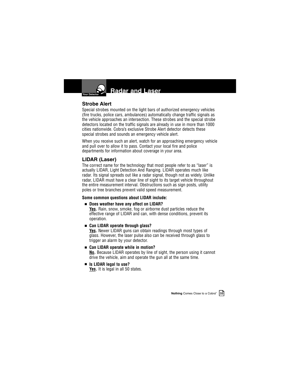Radar and laser, Strobe alert, Lidar (laser) | Cobra Electronics INTELLILINK XRS R9G User Manual | Page 37 / 49