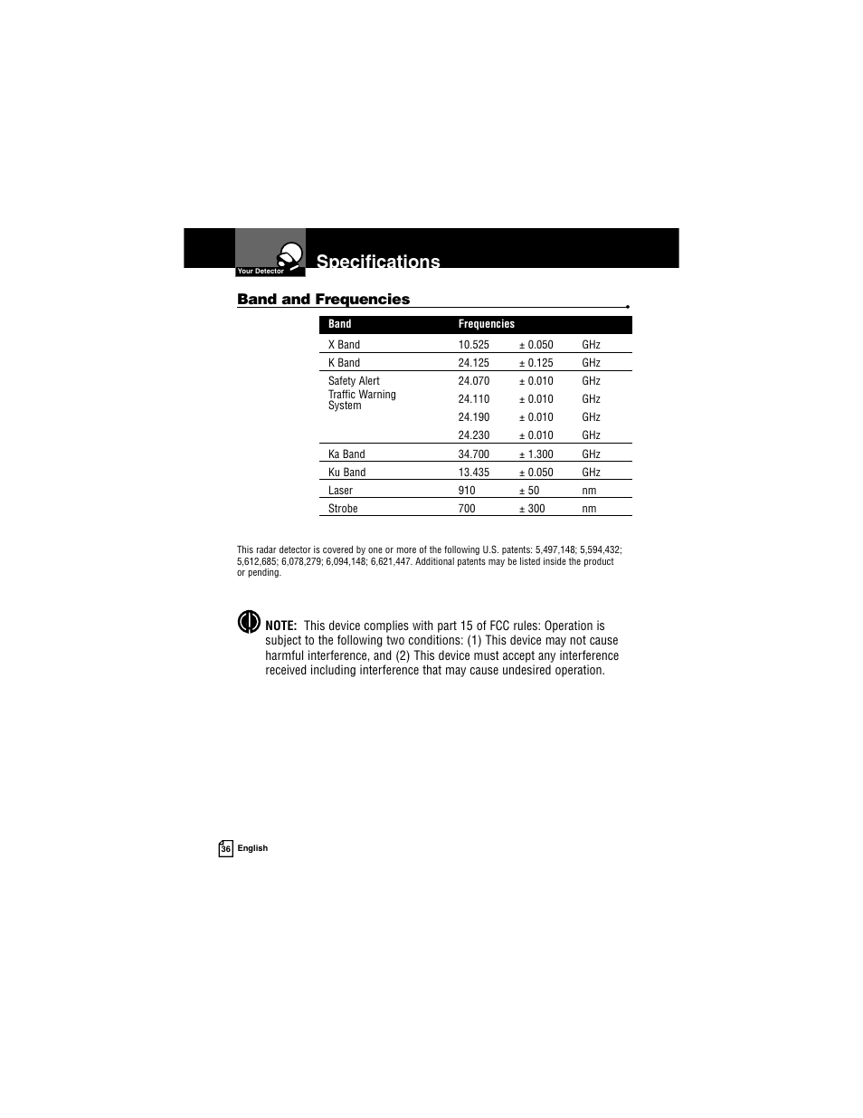 Specifications, Band and frequencies | Cobra Electronics INTELLILINK XRS R9G User Manual | Page 40 / 49