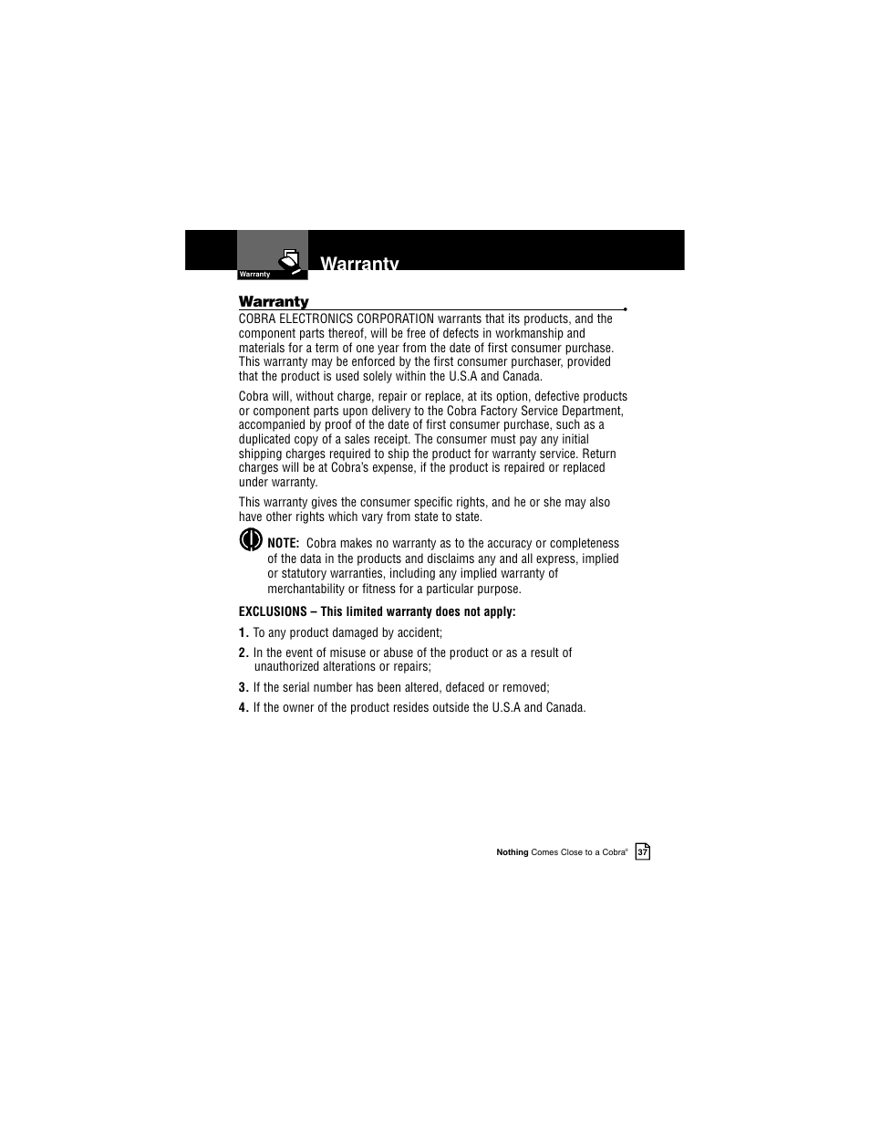 Warranty | Cobra Electronics INTELLILINK XRS R9G User Manual | Page 41 / 49