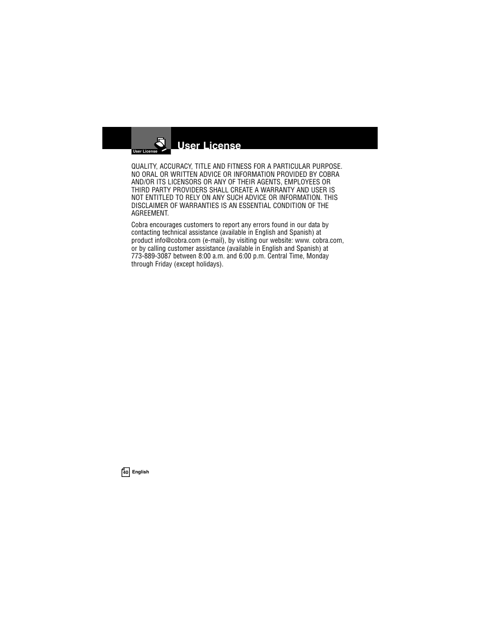 User license | Cobra Electronics INTELLILINK XRS R9G User Manual | Page 44 / 49