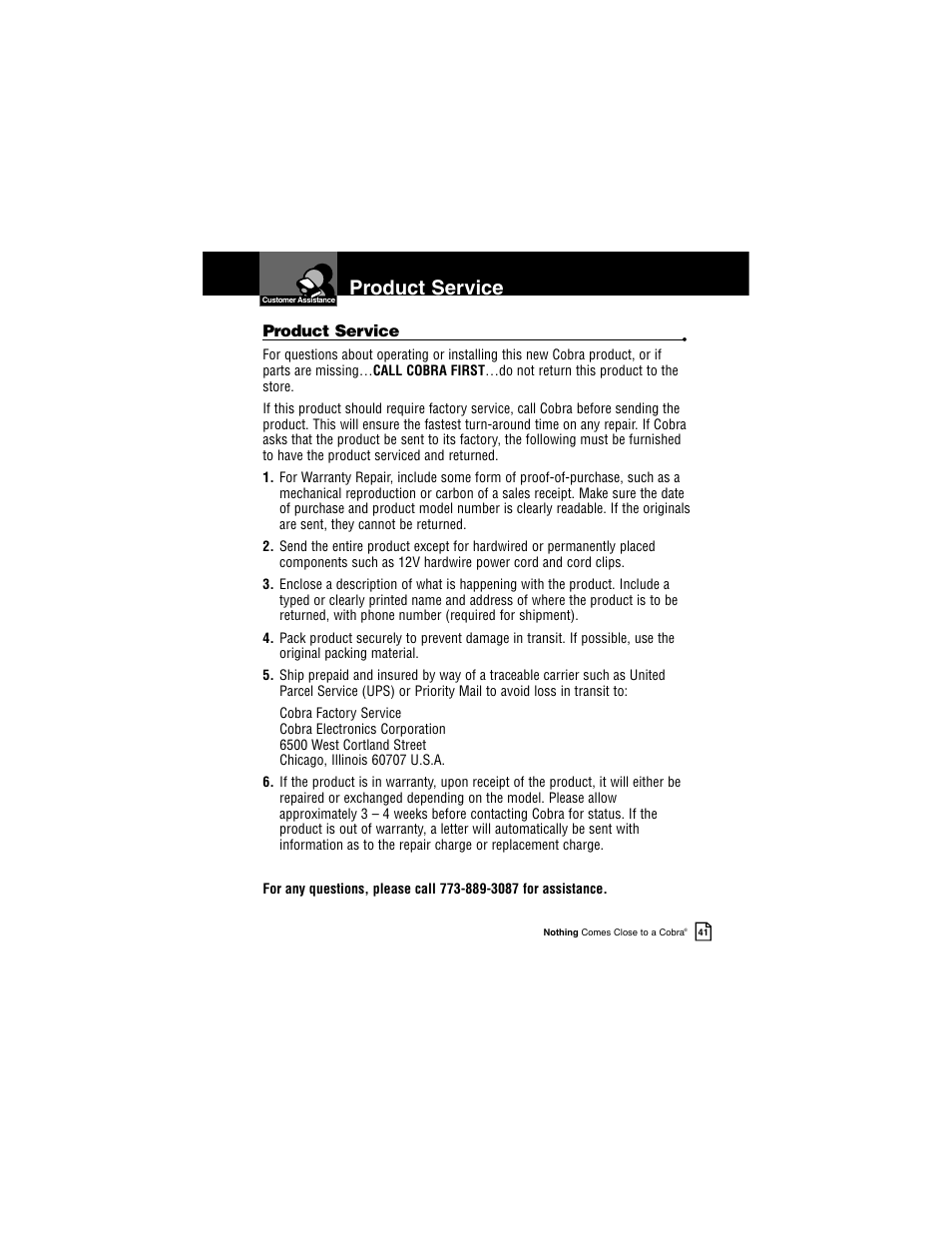 Product service | Cobra Electronics INTELLILINK XRS R9G User Manual | Page 45 / 49