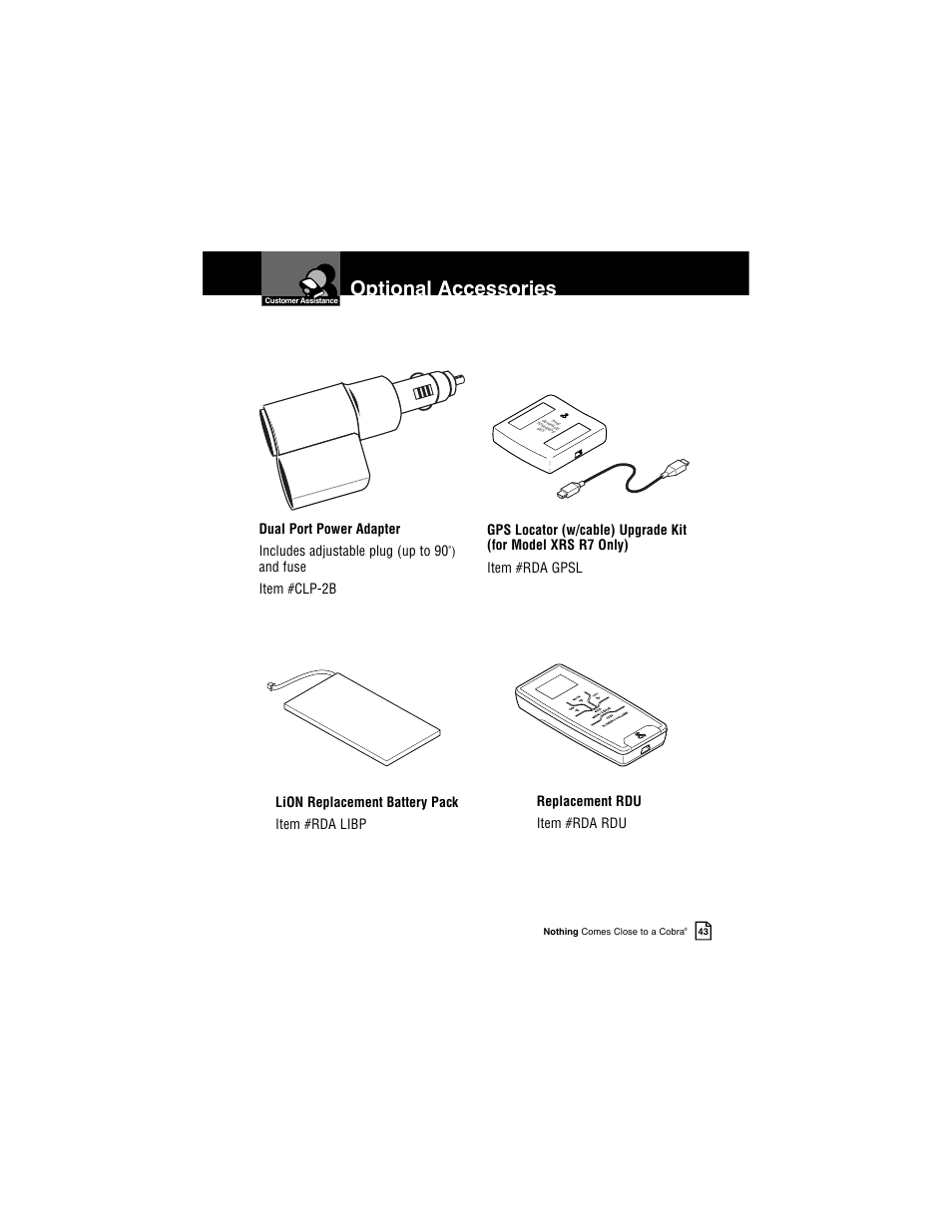 Optional accessories, And fuse item #clp-2b | Cobra Electronics INTELLILINK XRS R9G User Manual | Page 47 / 49