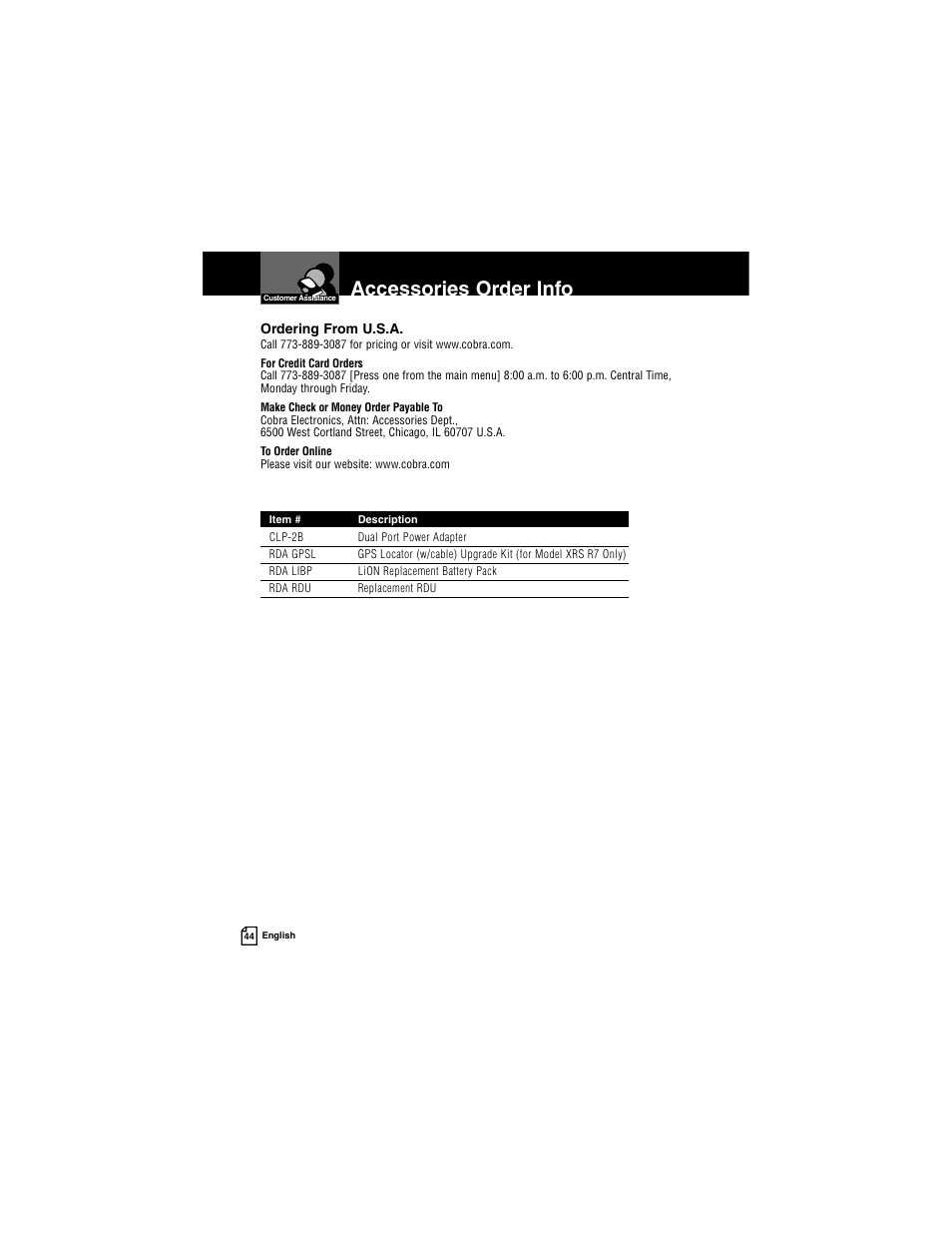 Accessories order info | Cobra Electronics INTELLILINK XRS R9G User Manual | Page 48 / 49