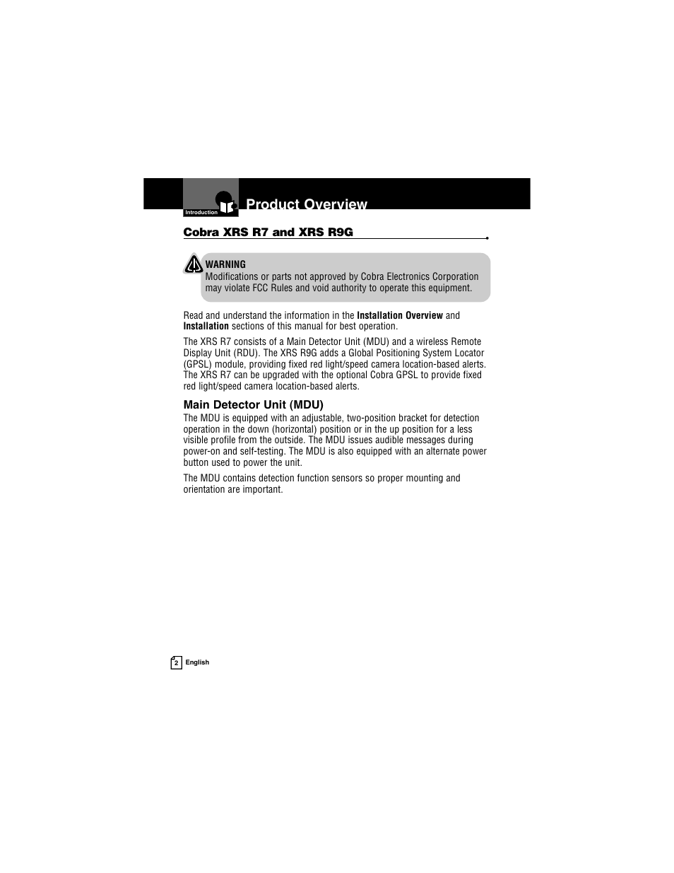 Product overview | Cobra Electronics INTELLILINK XRS R9G User Manual | Page 6 / 49